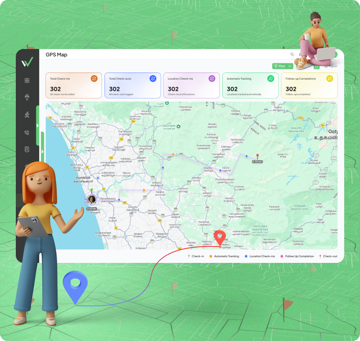 GPS tracking dashboard for field sales teams showing live employee locations, route tracking, and field activity monitoring