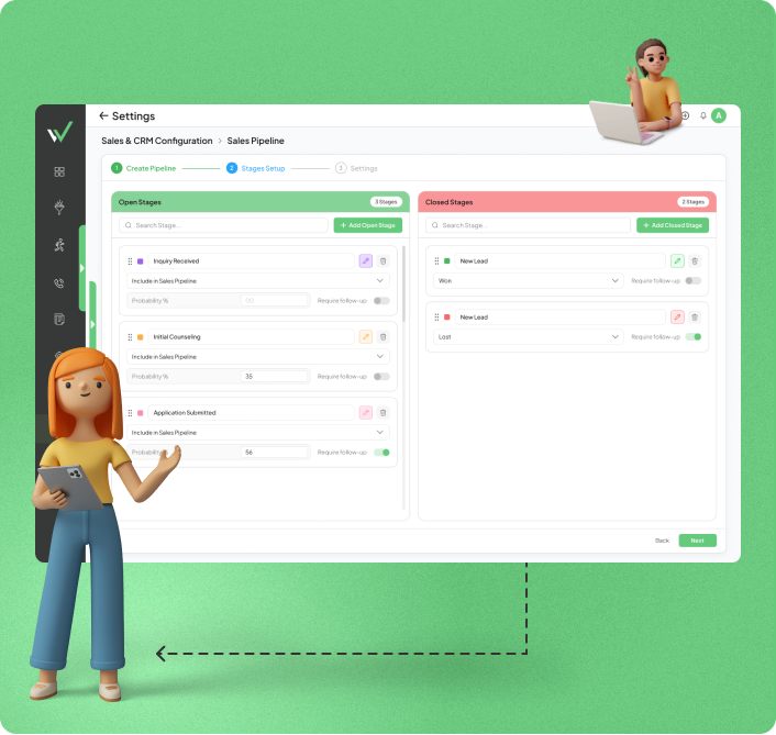 Lead management dashboard displaying leads, customers, sales pipeline, follow-up activities, and customer information in one view